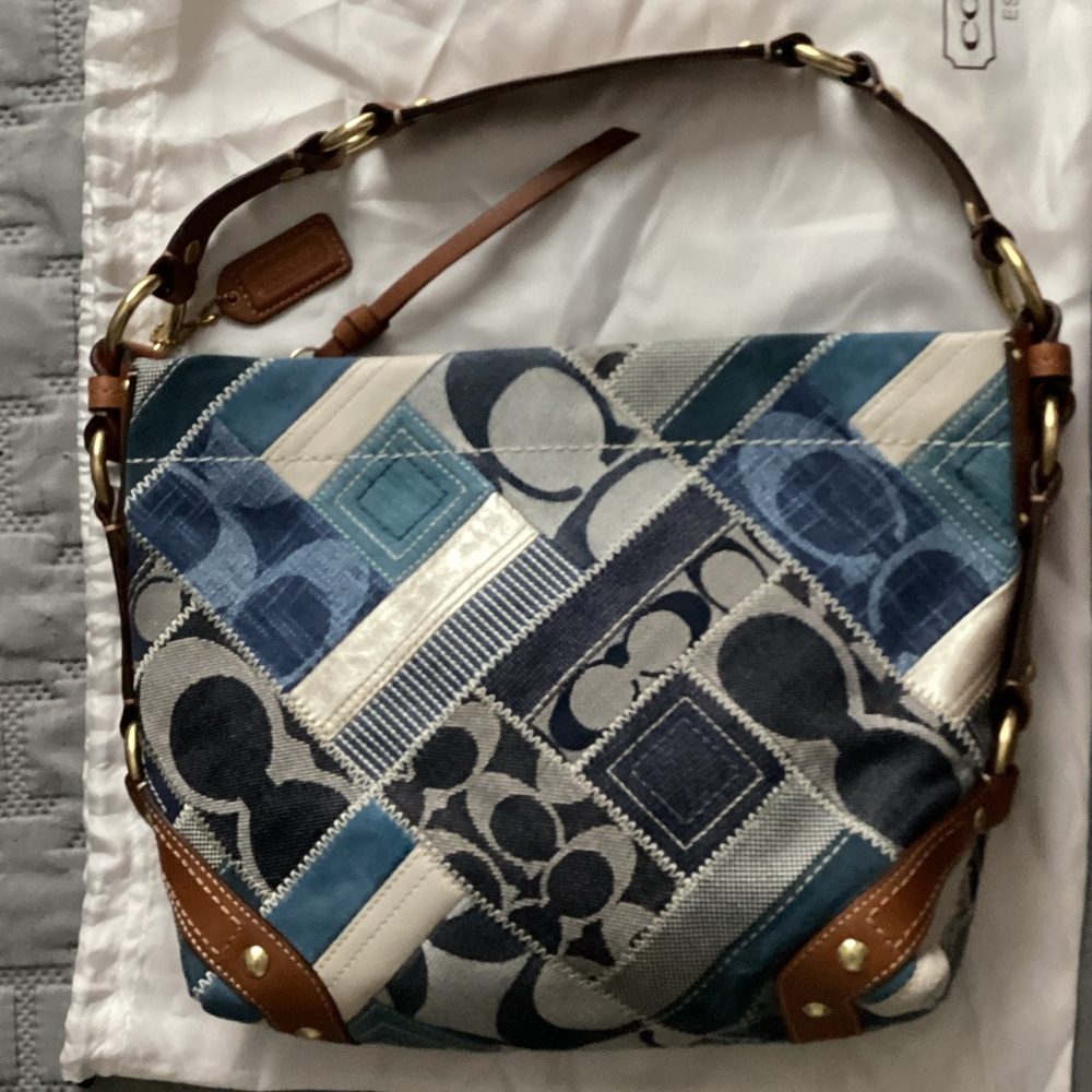 Coach Blue and Gray Patchwork Shoulder Bag